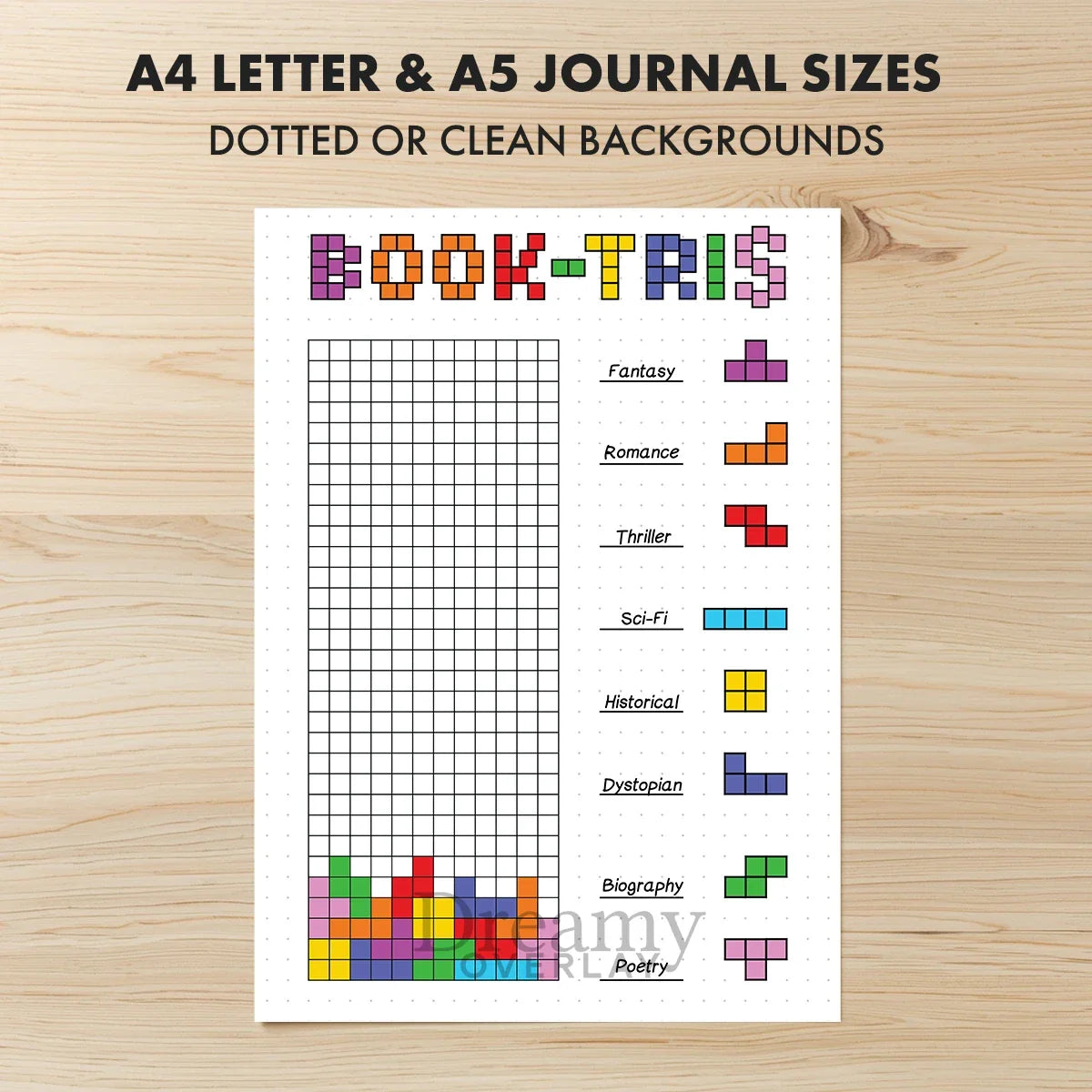 Printable book tris tracker journal page in A4, A5 and US Letter size