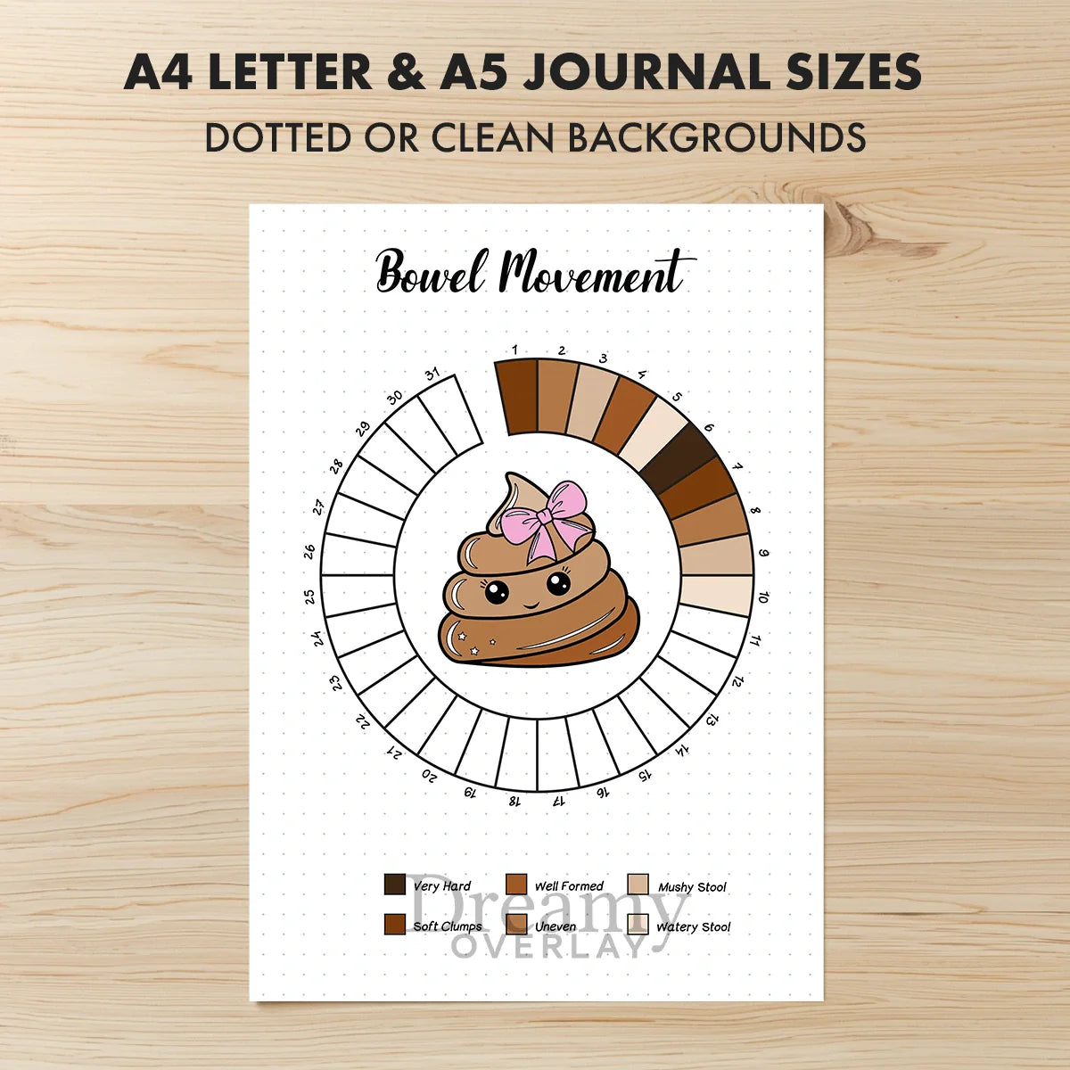 Printable bowel movement tracker monthly printable journal page in A4, A5 and US Letter size