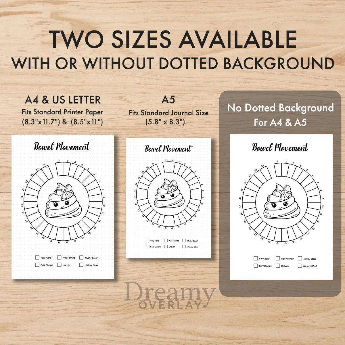 Printable bowel movement tracker monthly printable journal page in A4, A5 and US Letter size