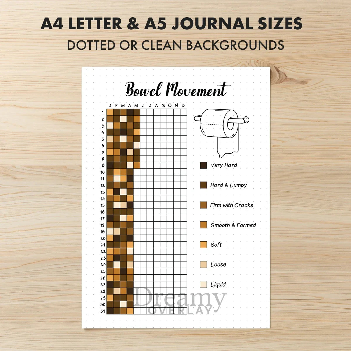 Printable bowel movement tracker journal page in A4, A5 and US Letter size