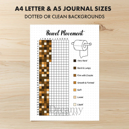 Printable bowel movement tracker journal page in A4, A5 and US Letter size