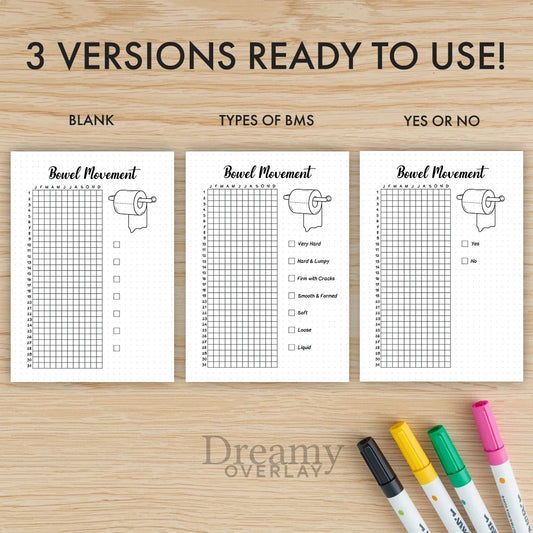 Printable bowel movement tracker journal page in A4, A5 and US Letter size
