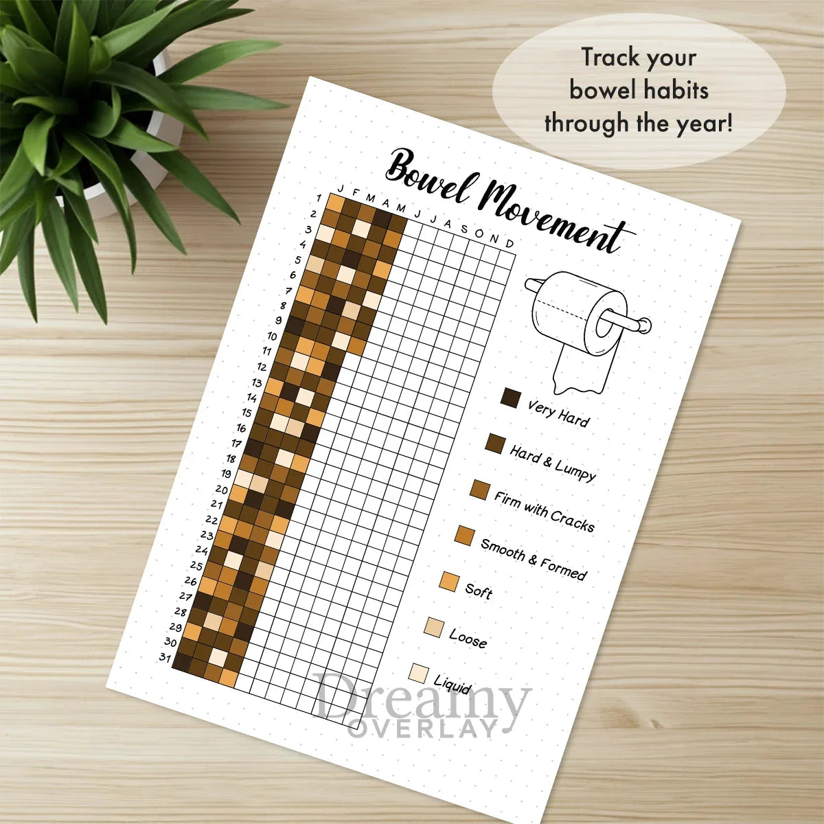Printable bowel movement tracker journal page in A4, A5 and US Letter size