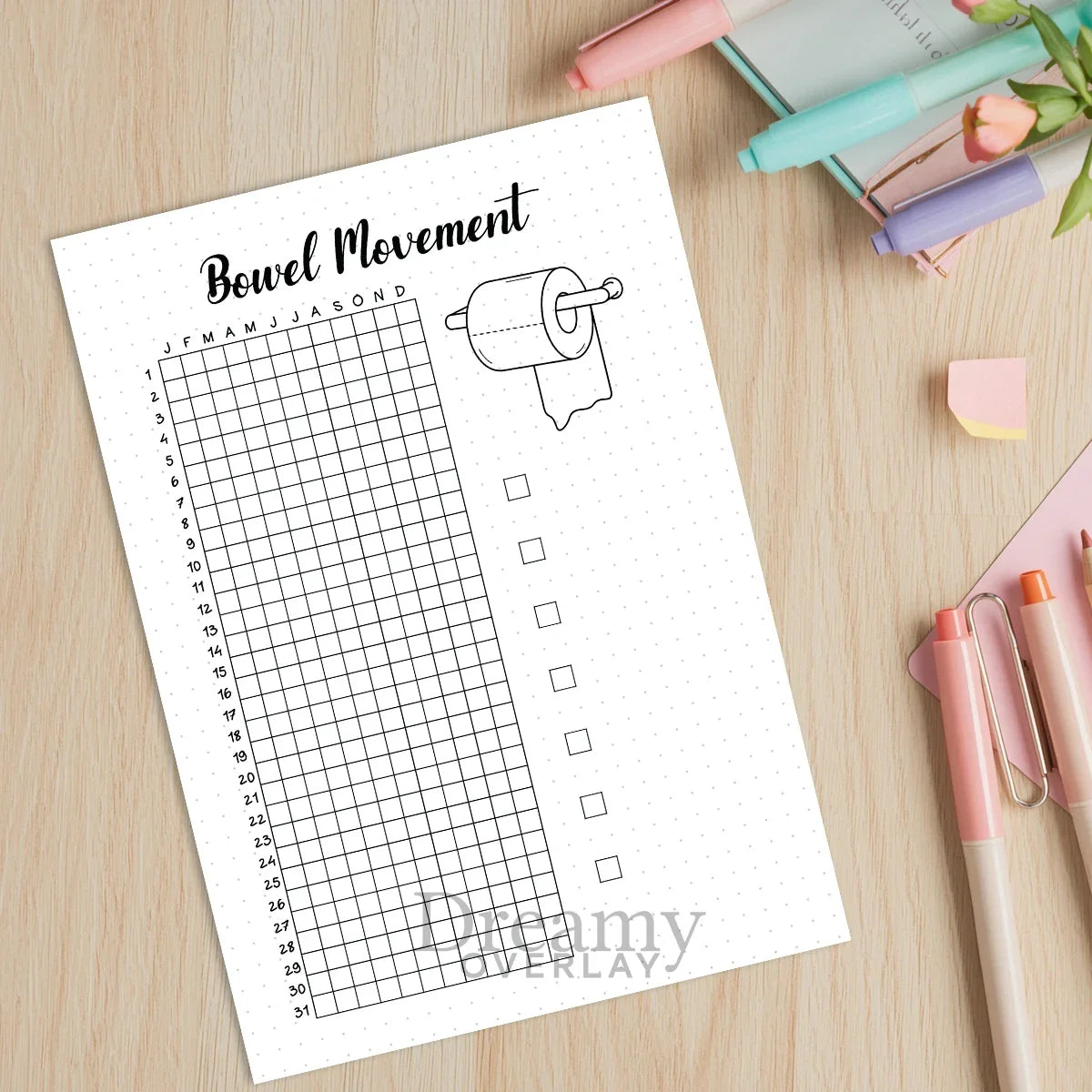 Printable bowel movement tracker journal page in A4, A5 and US Letter size