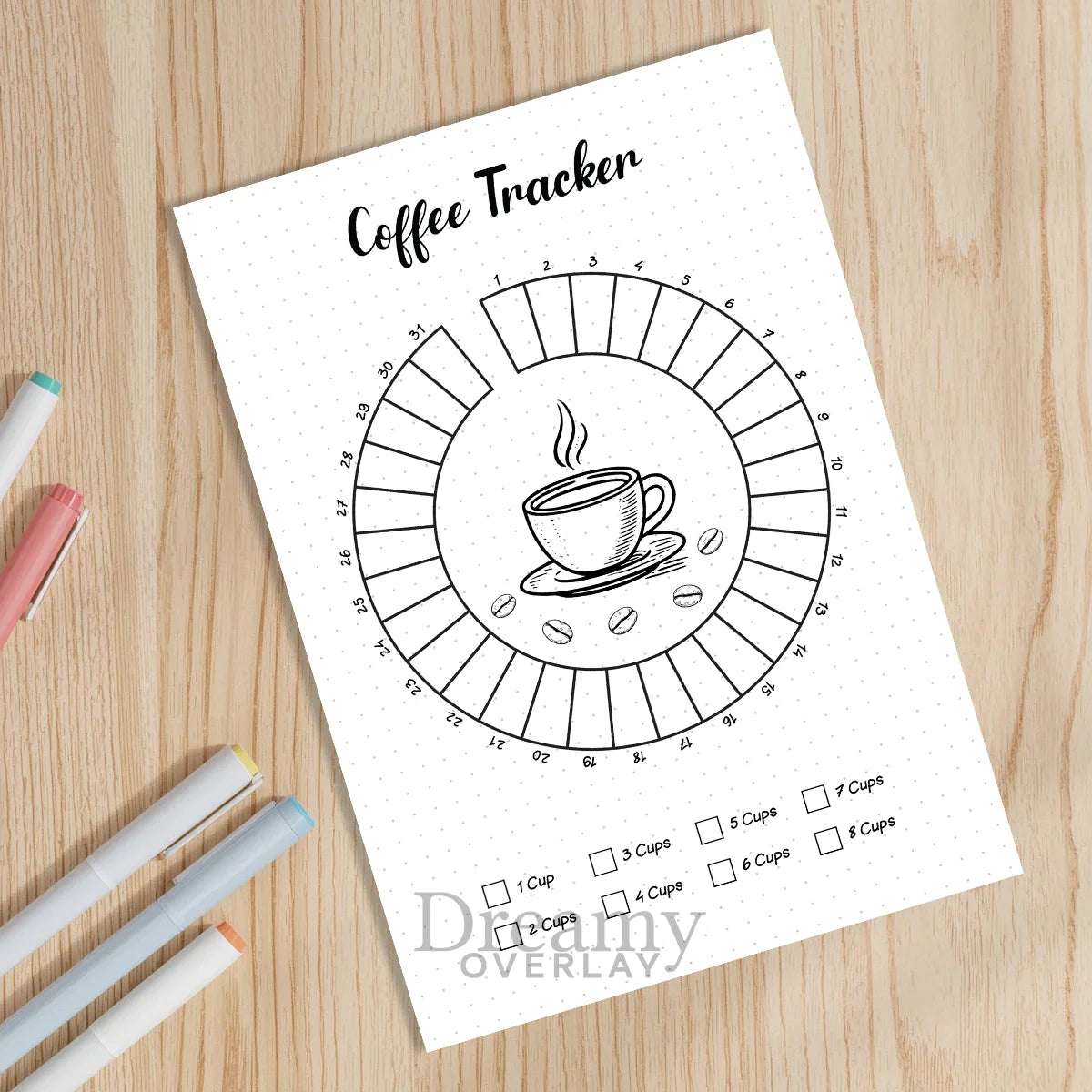 Printable coffee tracker monthly printable journal page in A4, A5 and US Letter size