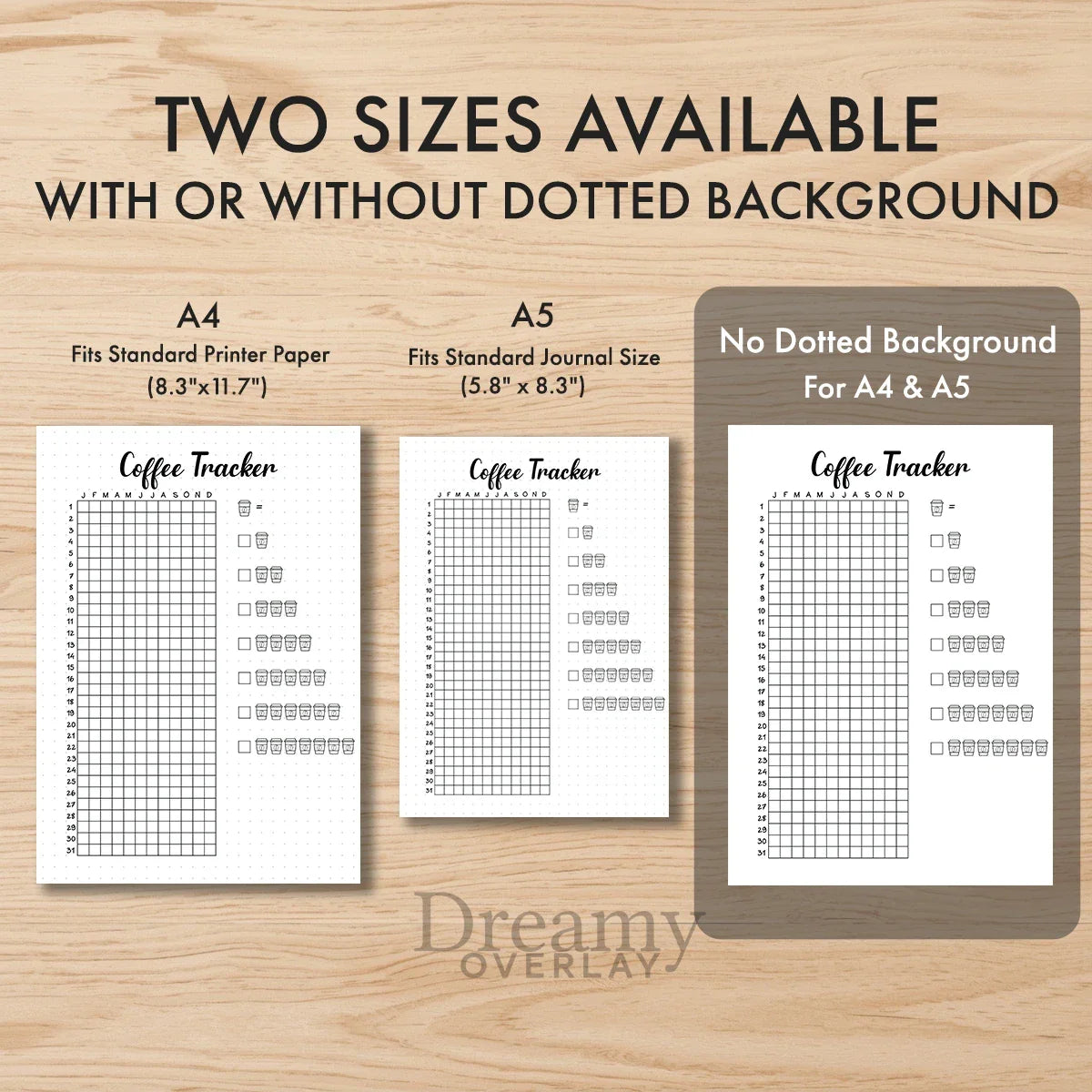 Printable coffee tracker journal page in A4, A5 and US Letter size