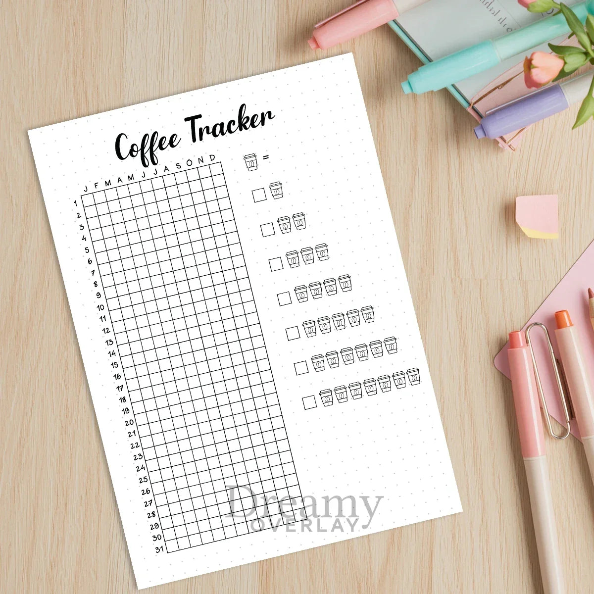 Printable coffee tracker journal page in A4, A5 and US Letter size