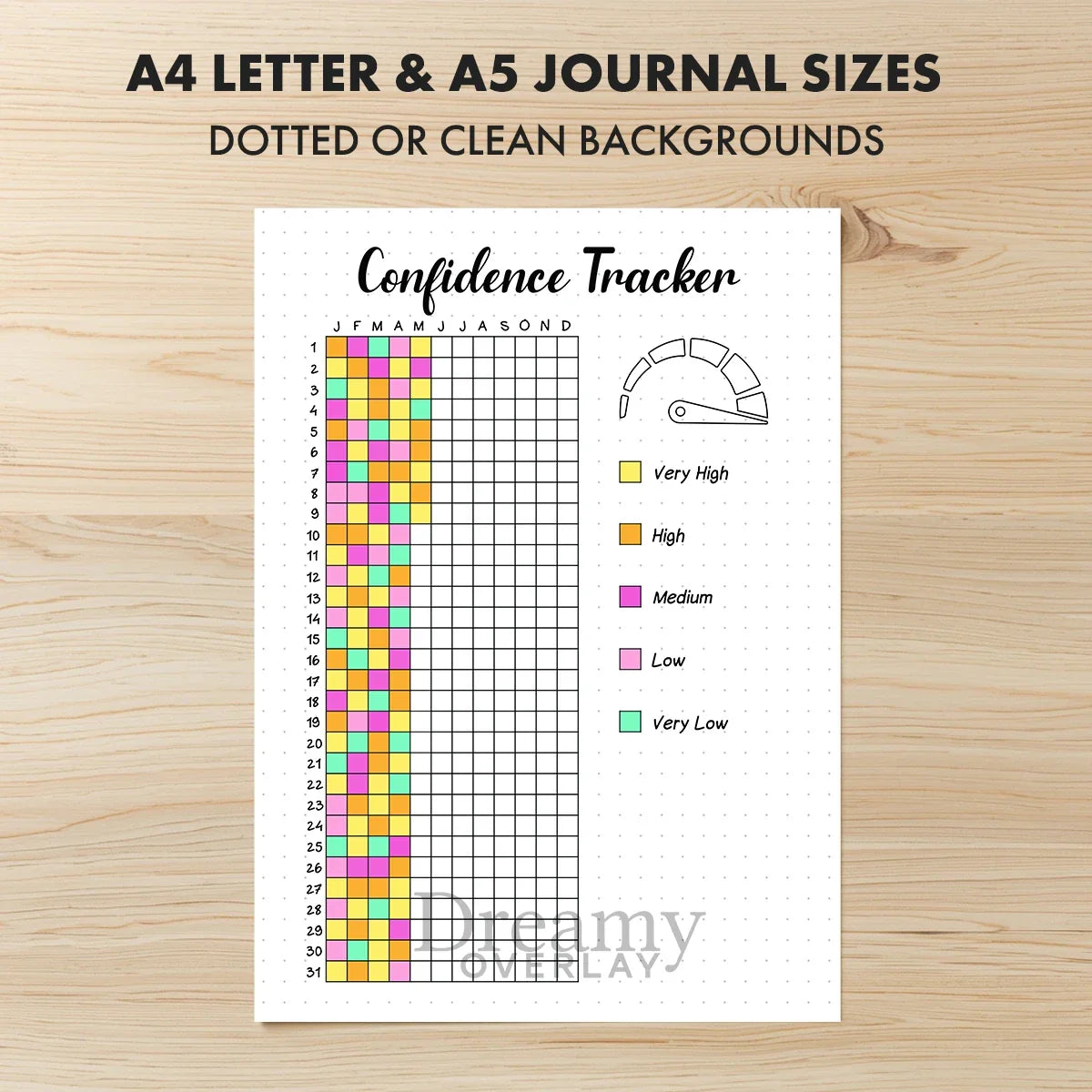 Printable confidence tracker journal page in A4, A5 and US Letter size