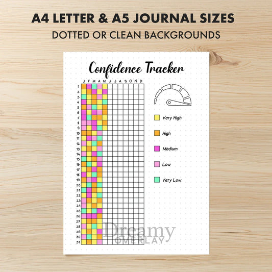 Printable confidence tracker journal page in A4, A5 and US Letter size