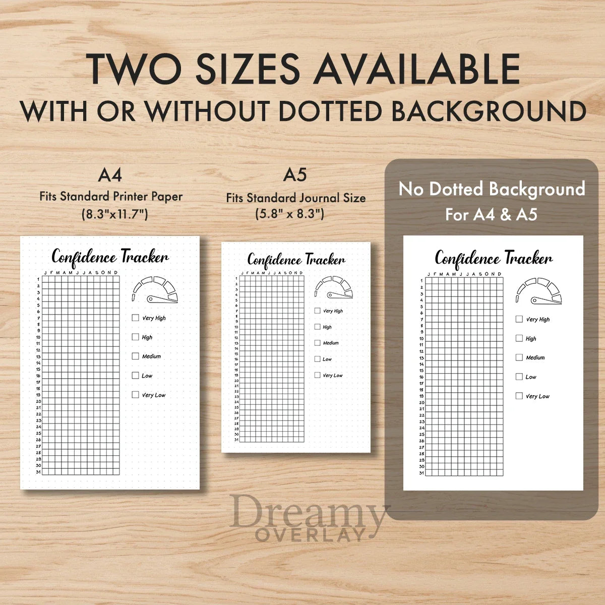 Printable confidence tracker journal page in A4, A5 and US Letter size