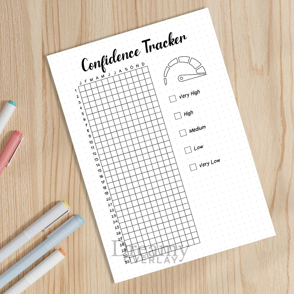Printable confidence tracker journal page in A4, A5 and US Letter size