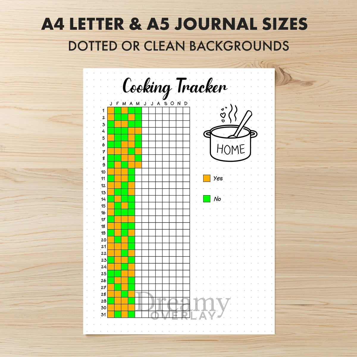 Printable cooking tracker journal page in A4, A5 and US Letter size