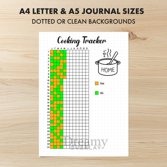 Printable cooking tracker journal page in A4, A5 and US Letter size