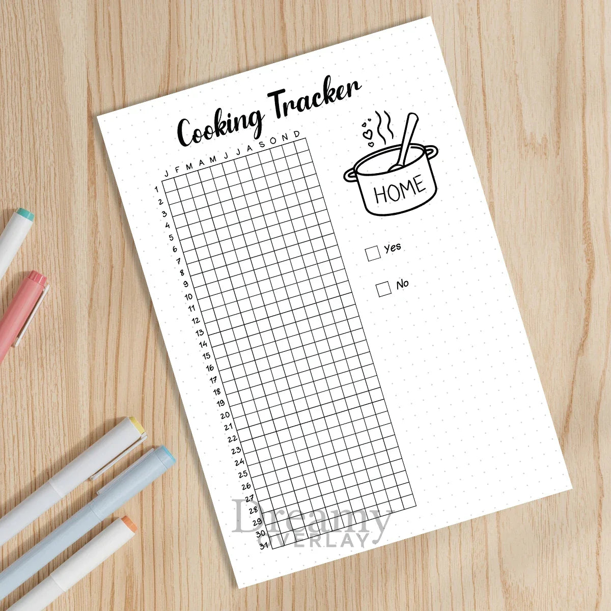 Printable cooking tracker journal page in A4, A5 and US Letter size