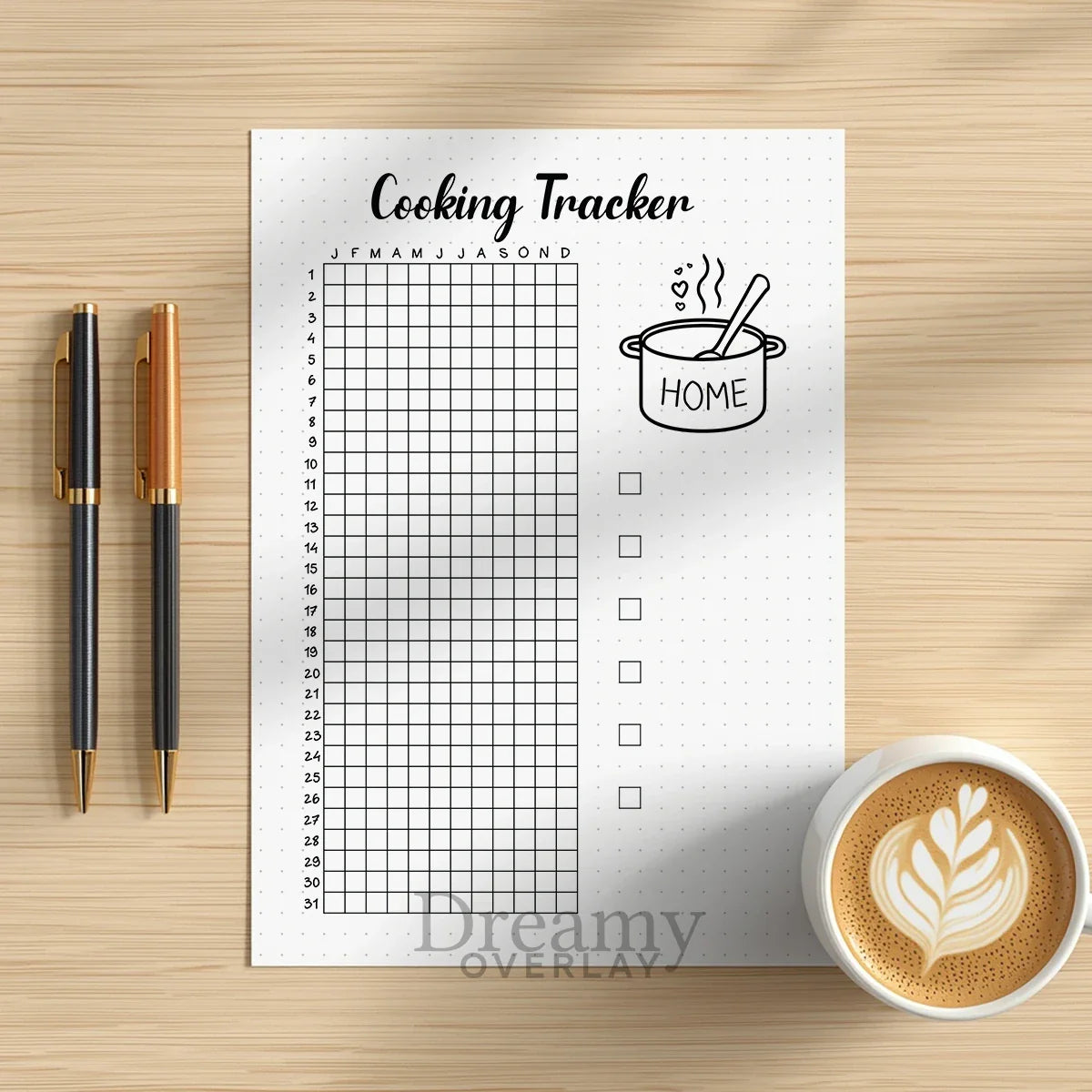 Printable cooking tracker journal page in A4, A5 and US Letter size