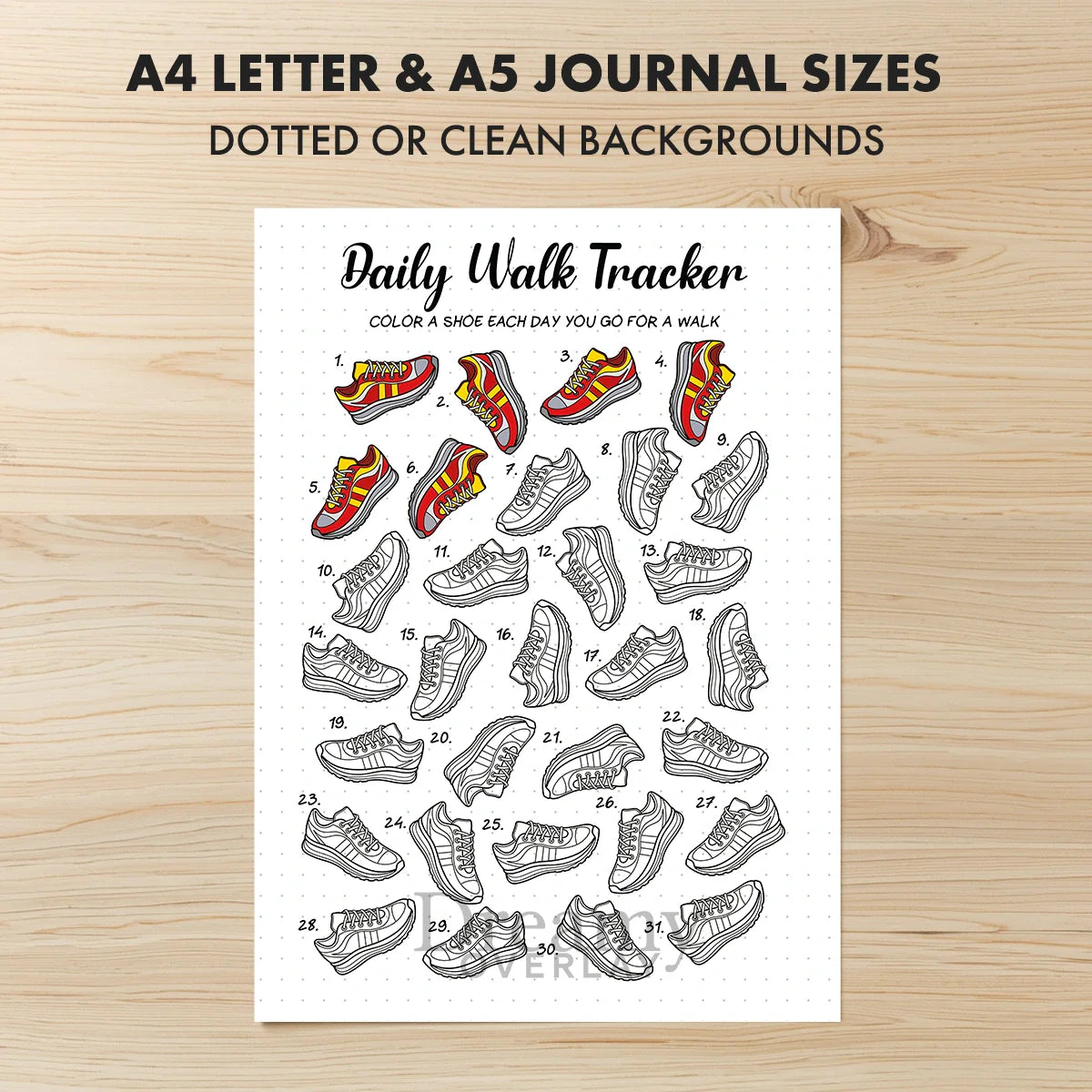 Printable daily walk tracker monthly printable journal page in A4, A5 and US Letter size