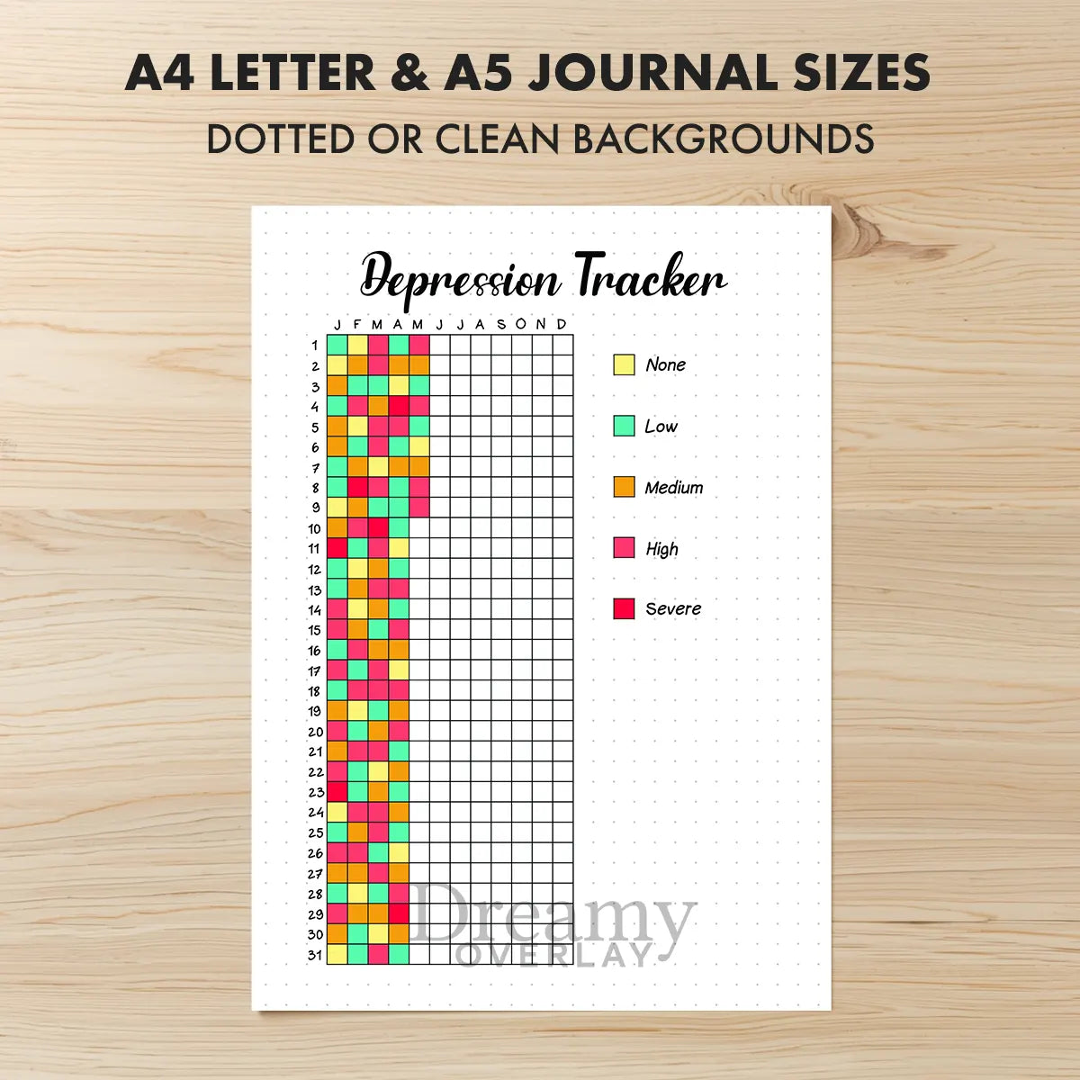 Printable depression tracker printable journal page in A4, A5 and US Letter size