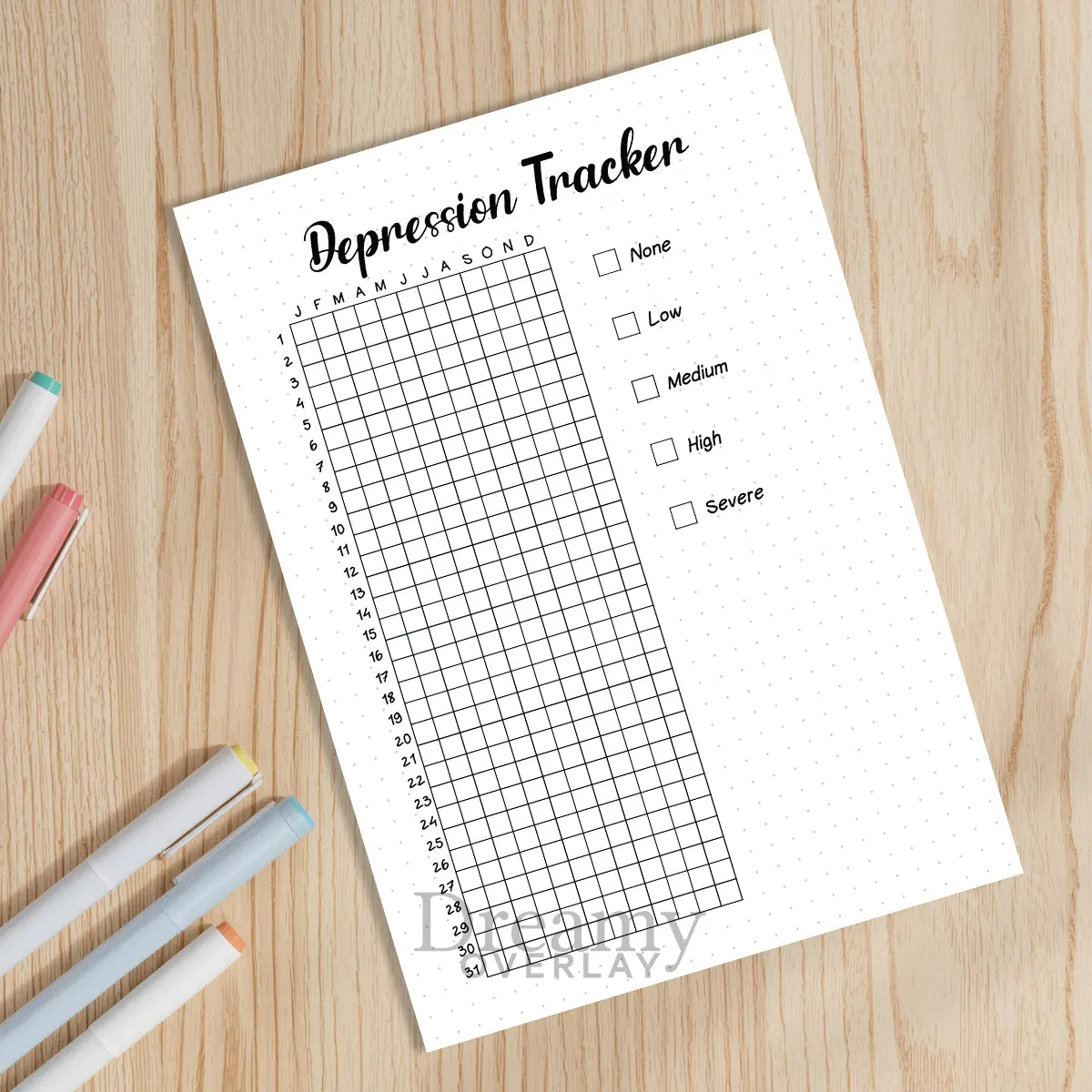 Printable depression tracker printable journal page in A4, A5 and US Letter size