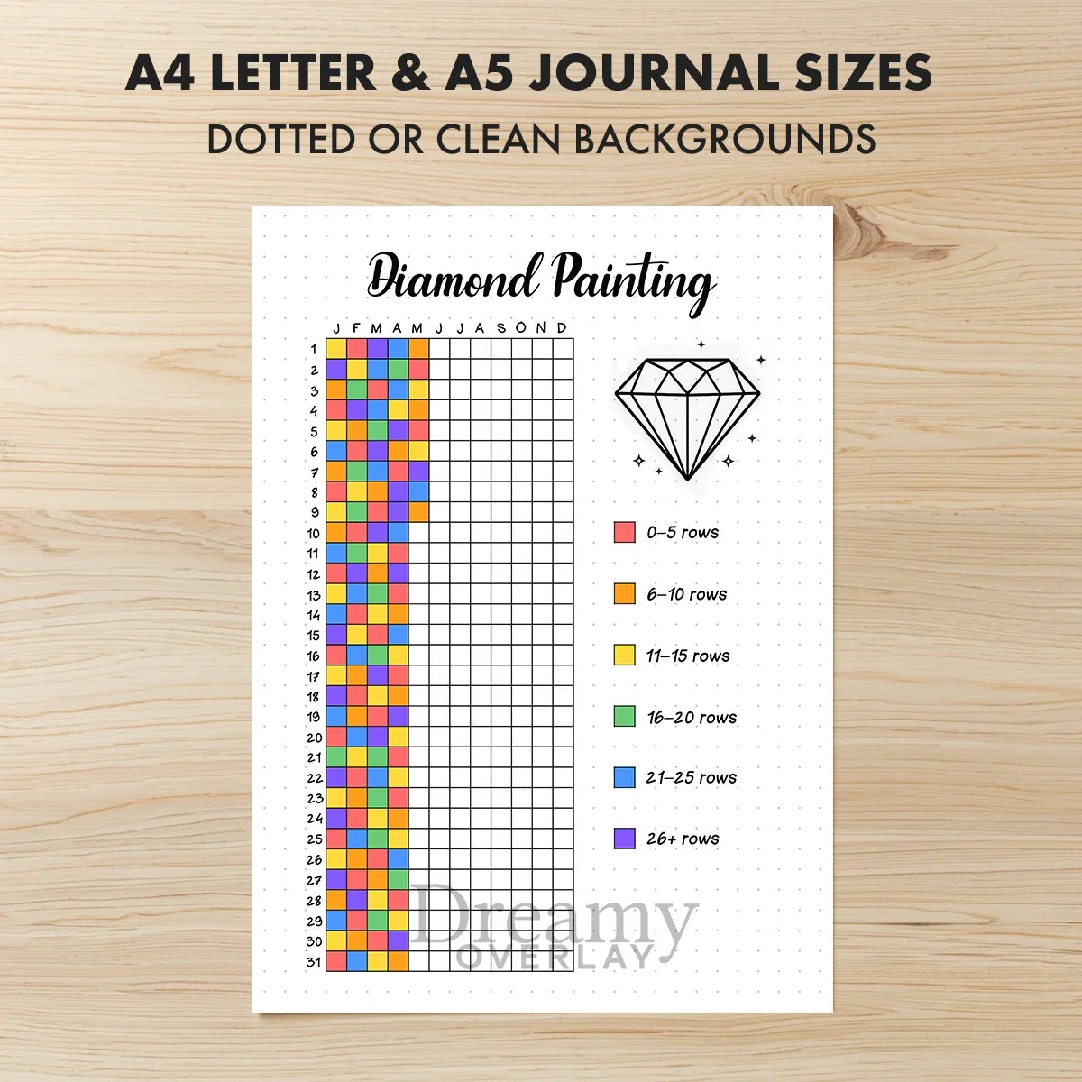 Printable diamond painting tracker journal page in A4, A5 and US Letter size