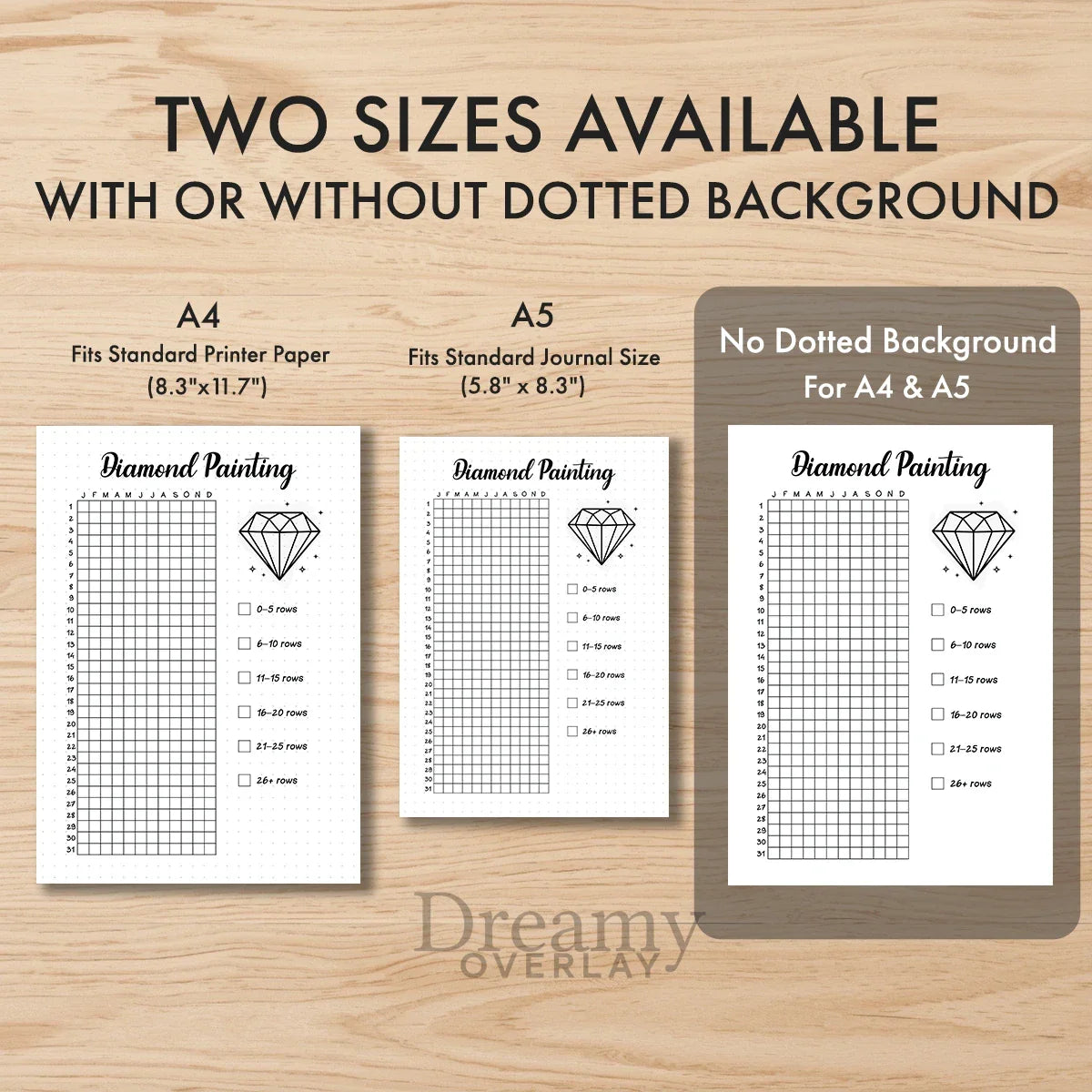 Printable diamond painting tracker journal page in A4, A5 and US Letter size