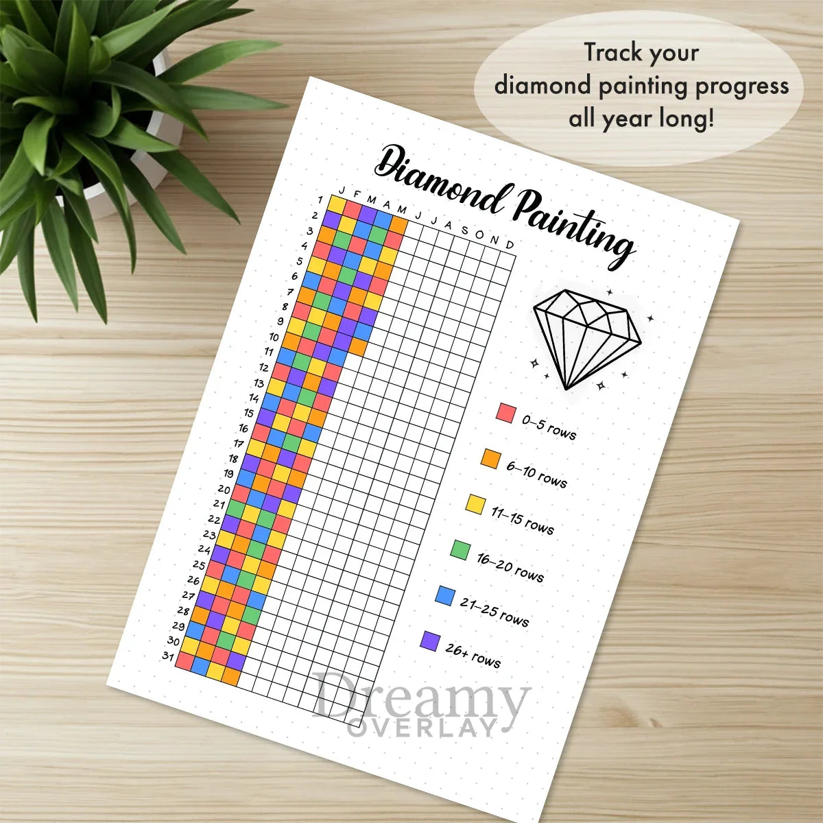 Printable diamond painting tracker journal page in A4, A5 and US Letter size