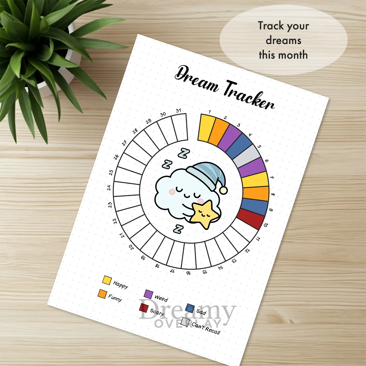 Printable dream tracker monthly printable journal page in A4, A5 and US Letter size