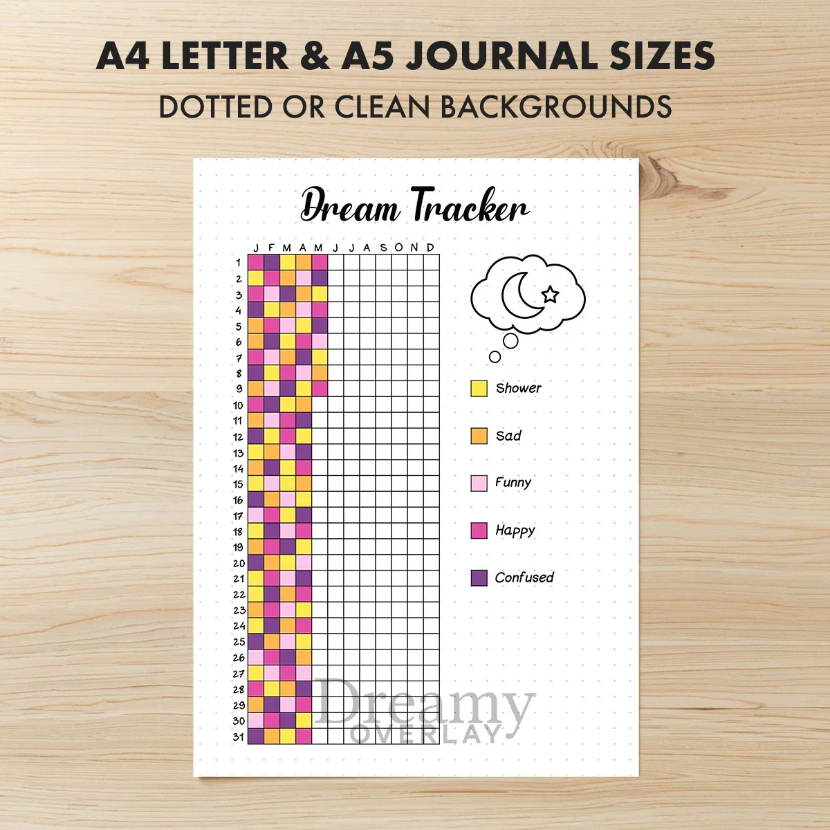 Printable dream tracker journal page in A4, A5 and US Letter size