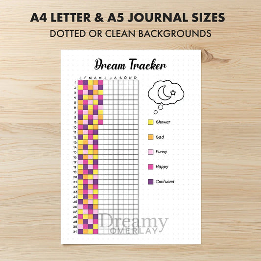 Printable dream tracker journal page in A4, A5 and US Letter size