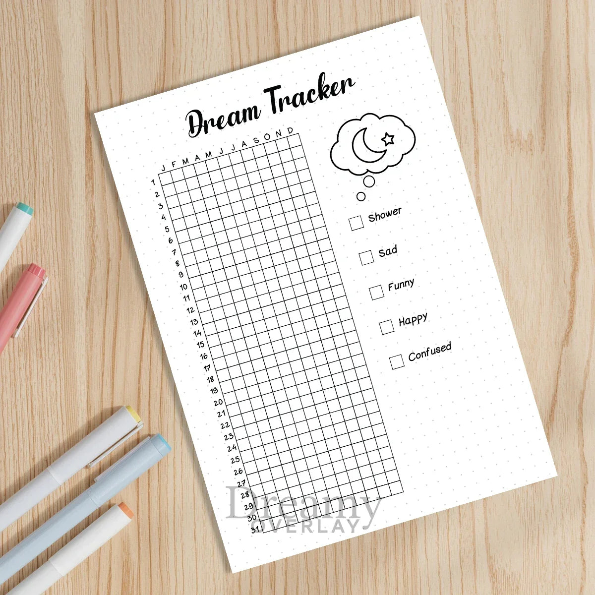 Printable dream tracker journal page in A4, A5 and US Letter size