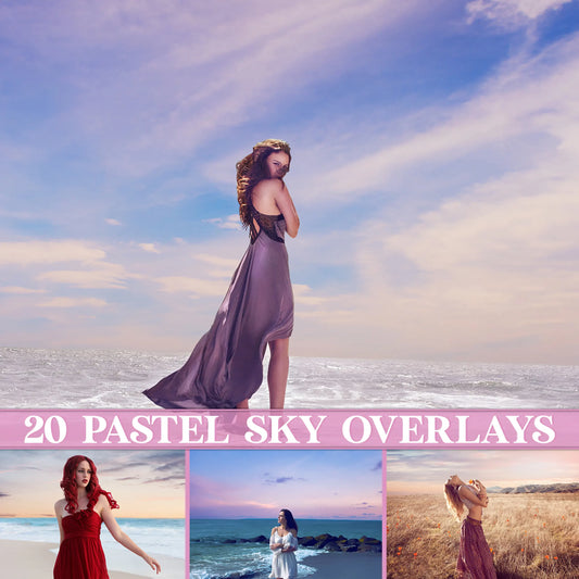 Dreamy Pastel Sky Overlays for Photoshop - Soft Sunset and Cloudscape Effects