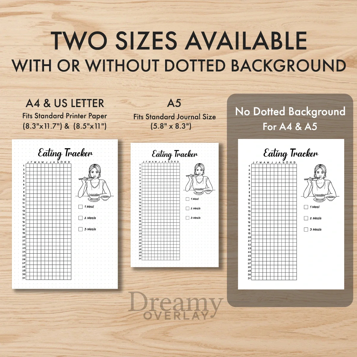 Printable eating tracker printable journal page in A4, A5 and US Letter size
