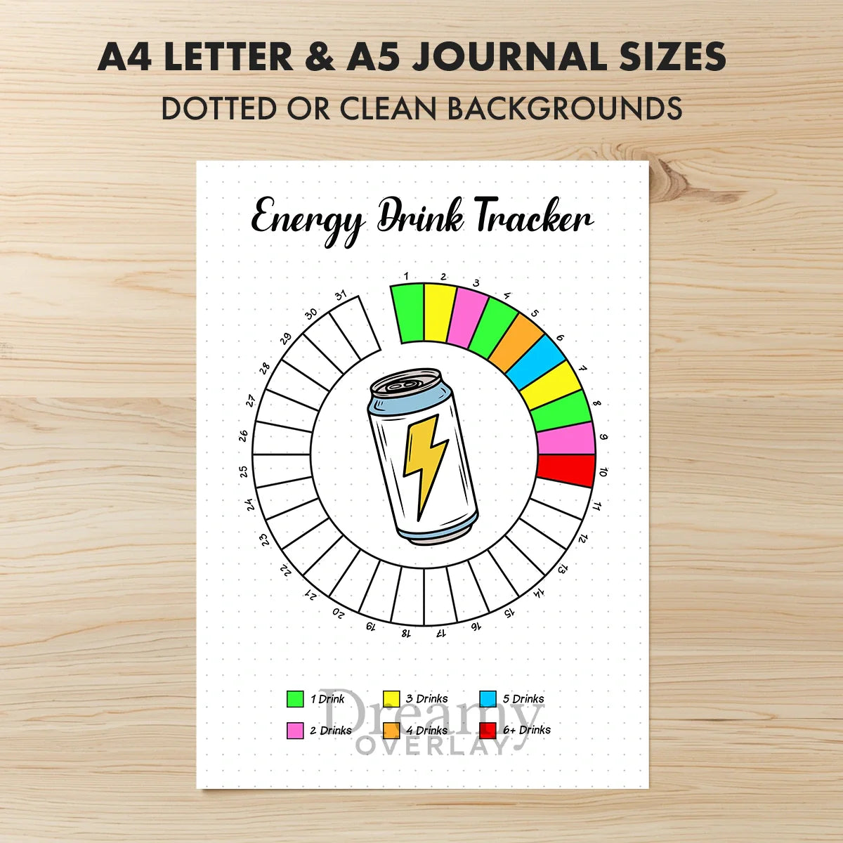 Printable energy drink tracker monthly printable journal page in A4, A5 and US Letter size