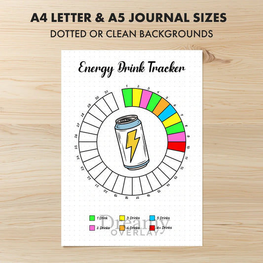 Printable energy drink tracker monthly printable journal page in A4, A5 and US Letter size