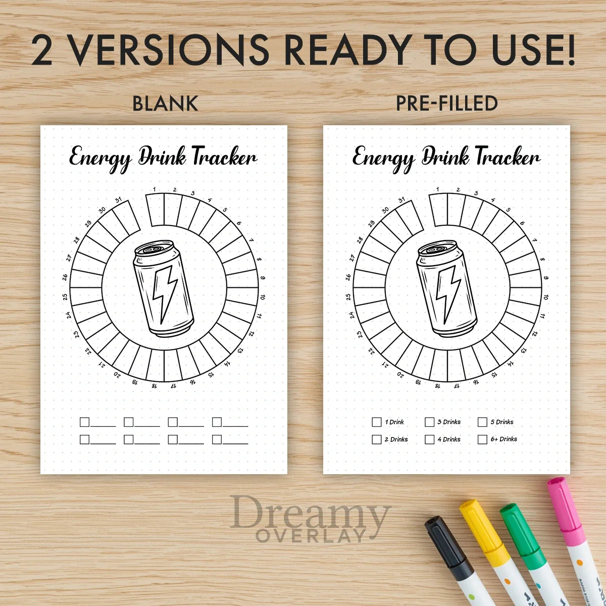 Printable energy drink tracker monthly printable journal page in A4, A5 and US Letter size