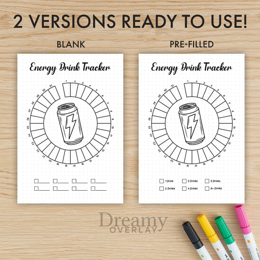 Printable energy drink tracker monthly printable journal page in A4, A5 and US Letter size