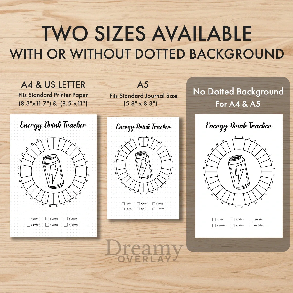 Printable energy drink tracker monthly printable journal page in A4, A5 and US Letter size