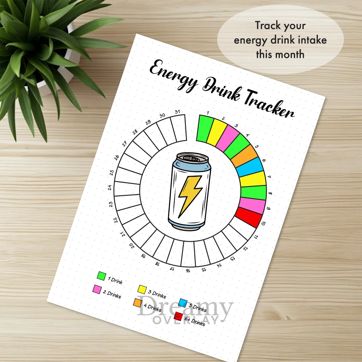 Printable energy drink tracker monthly printable journal page in A4, A5 and US Letter size