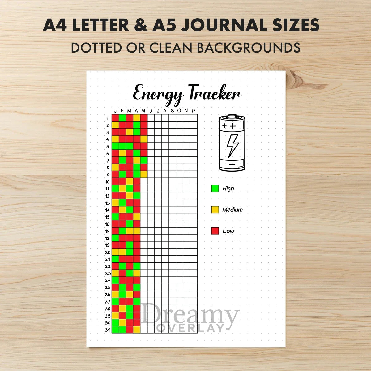 Printable energy tracker journal page in A4, A5 and US Letter size