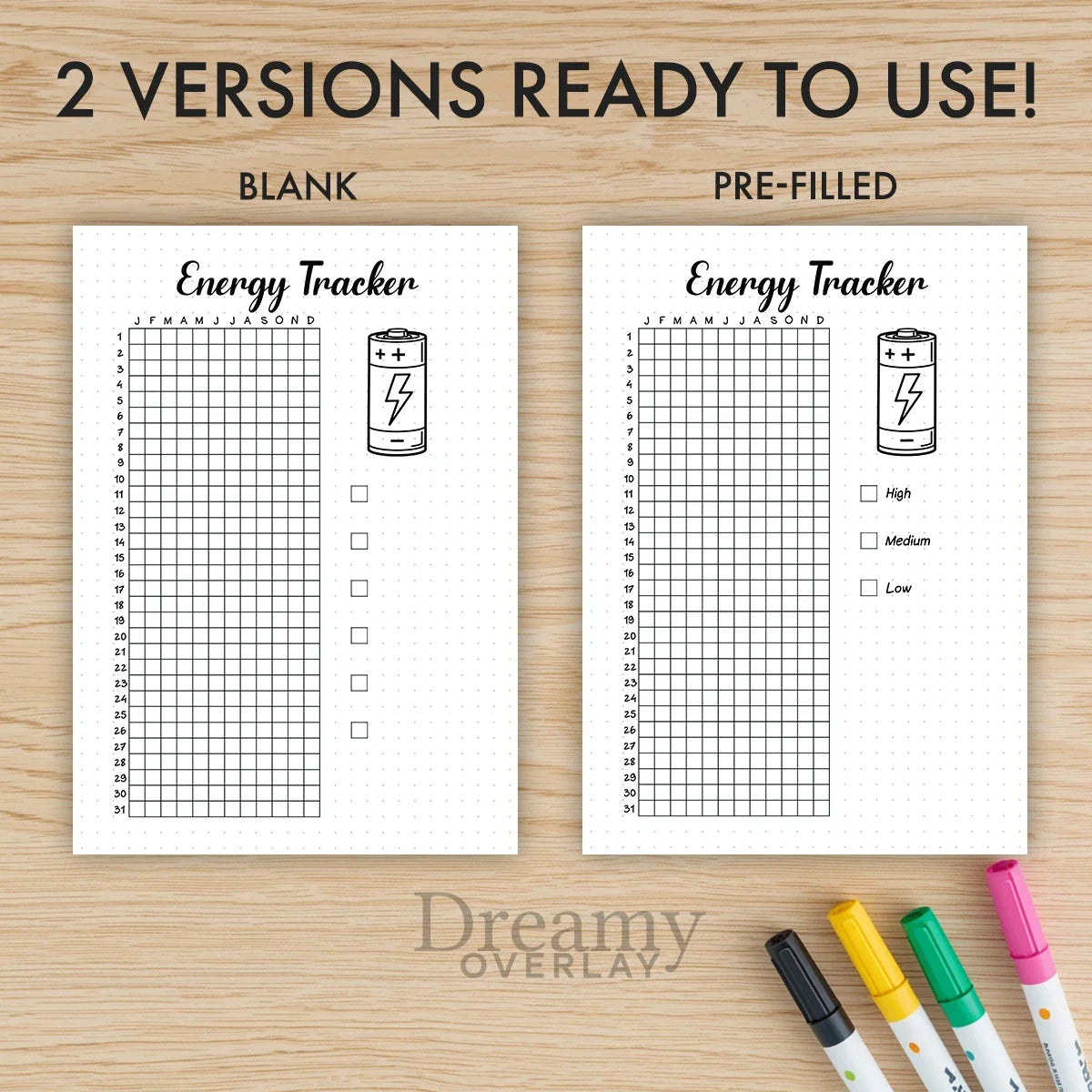 Printable energy tracker journal page in A4, A5 and US Letter size
