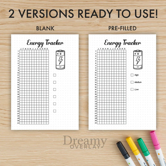 Printable energy tracker journal page in A4, A5 and US Letter size