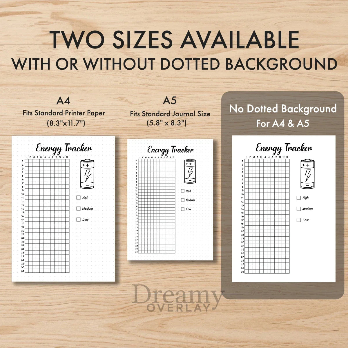 Printable energy tracker journal page in A4, A5 and US Letter size