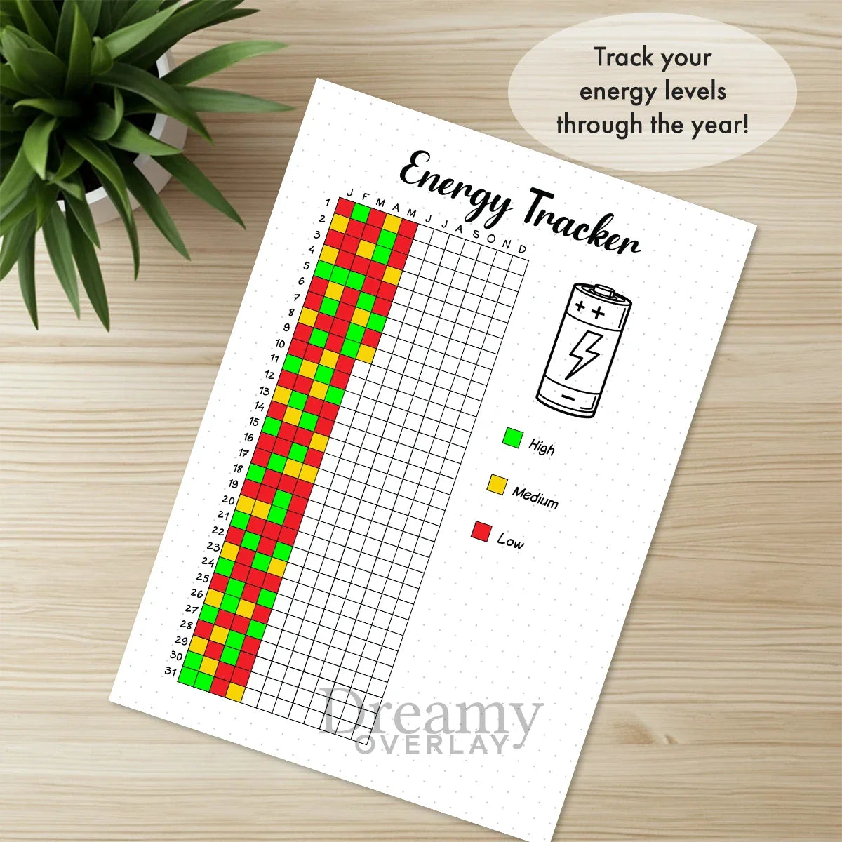 Printable energy tracker journal page in A4, A5 and US Letter size