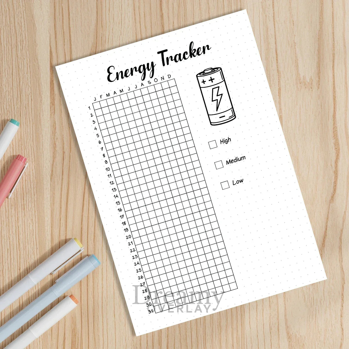 Printable energy tracker journal page in A4, A5 and US Letter size