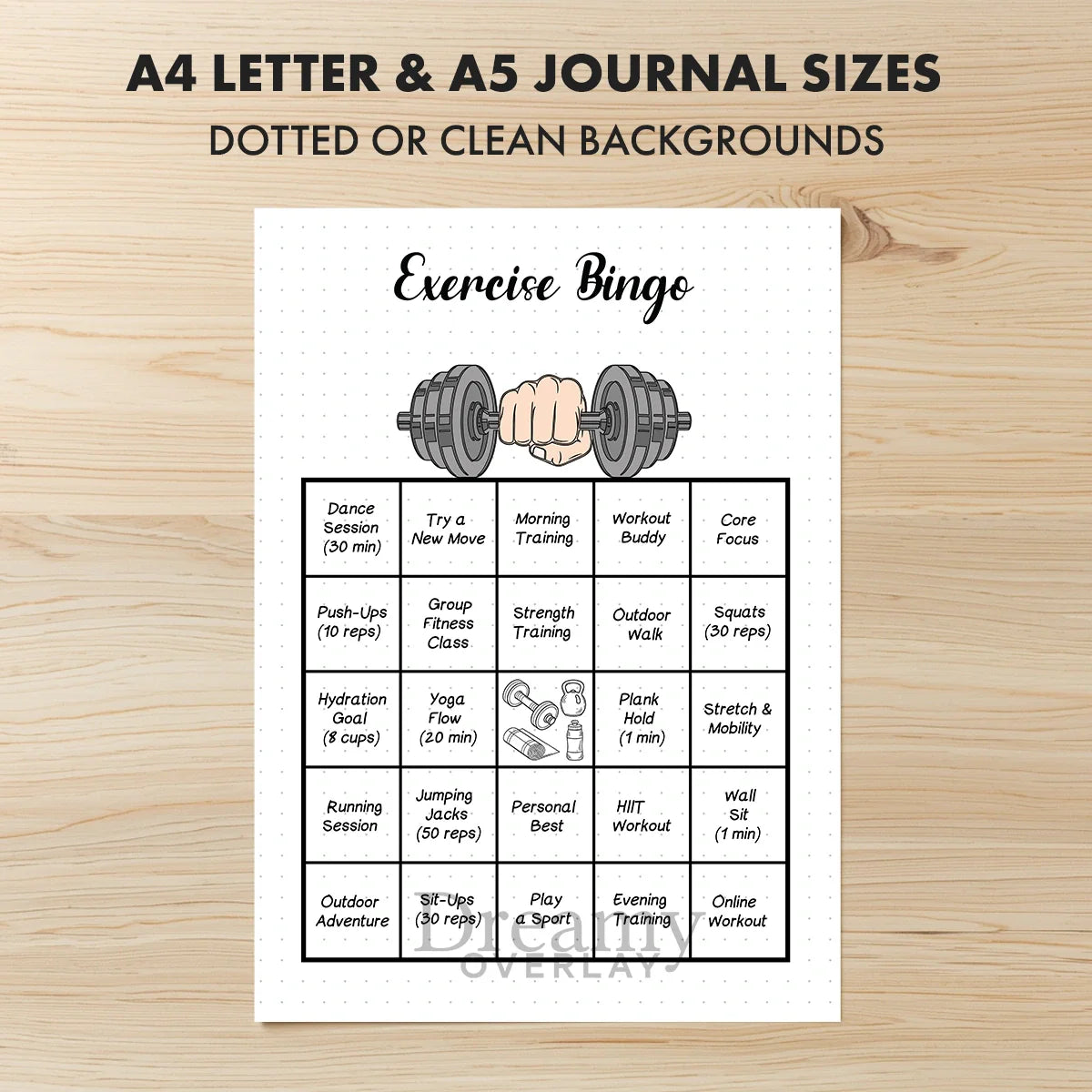 Printable exercise bingo game tracker monthly printable journal page in A4, A5 and US Letter size