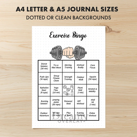 Printable exercise bingo game tracker monthly printable journal page in A4, A5 and US Letter size