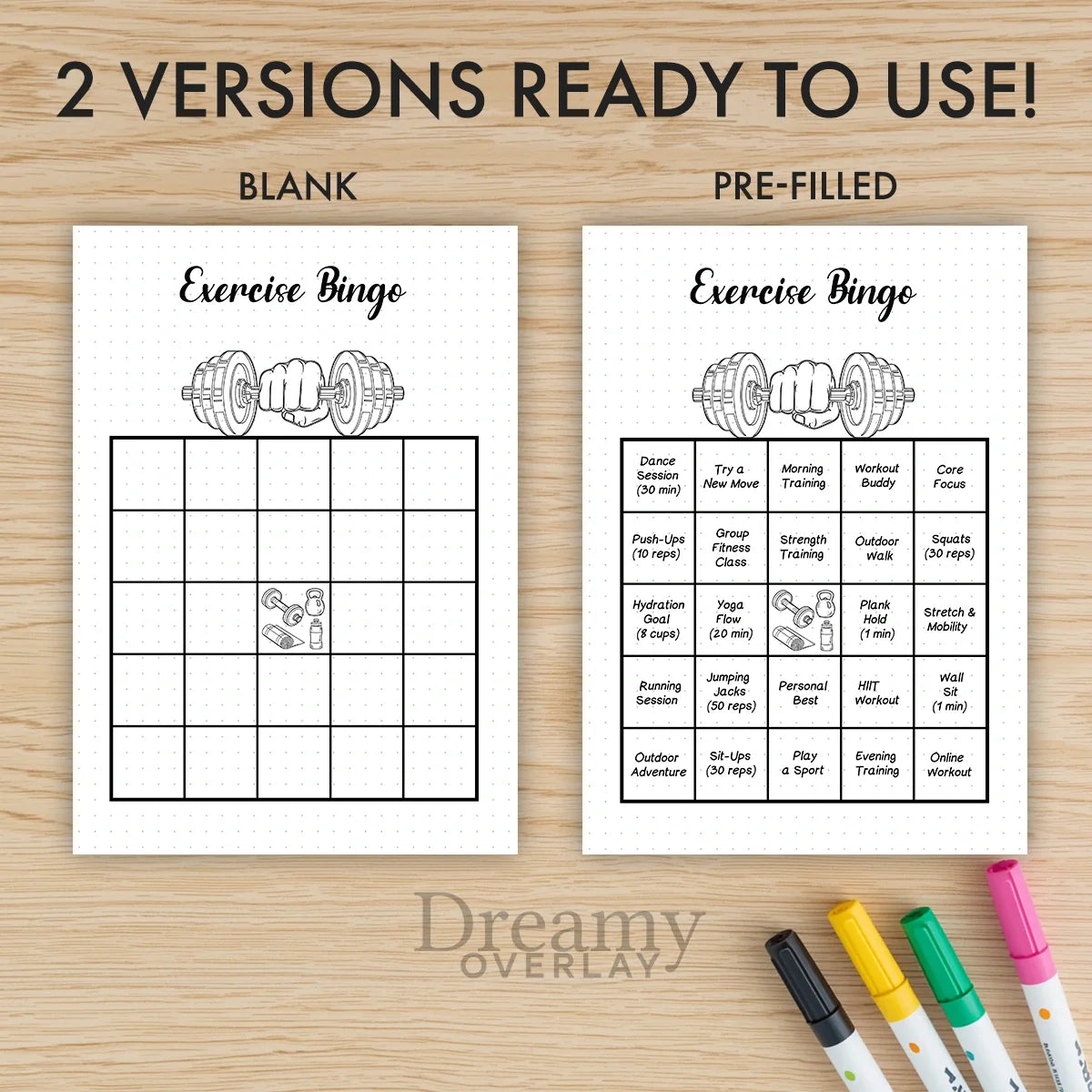 Printable exercise bingo game tracker monthly printable journal page in A4, A5 and US Letter size