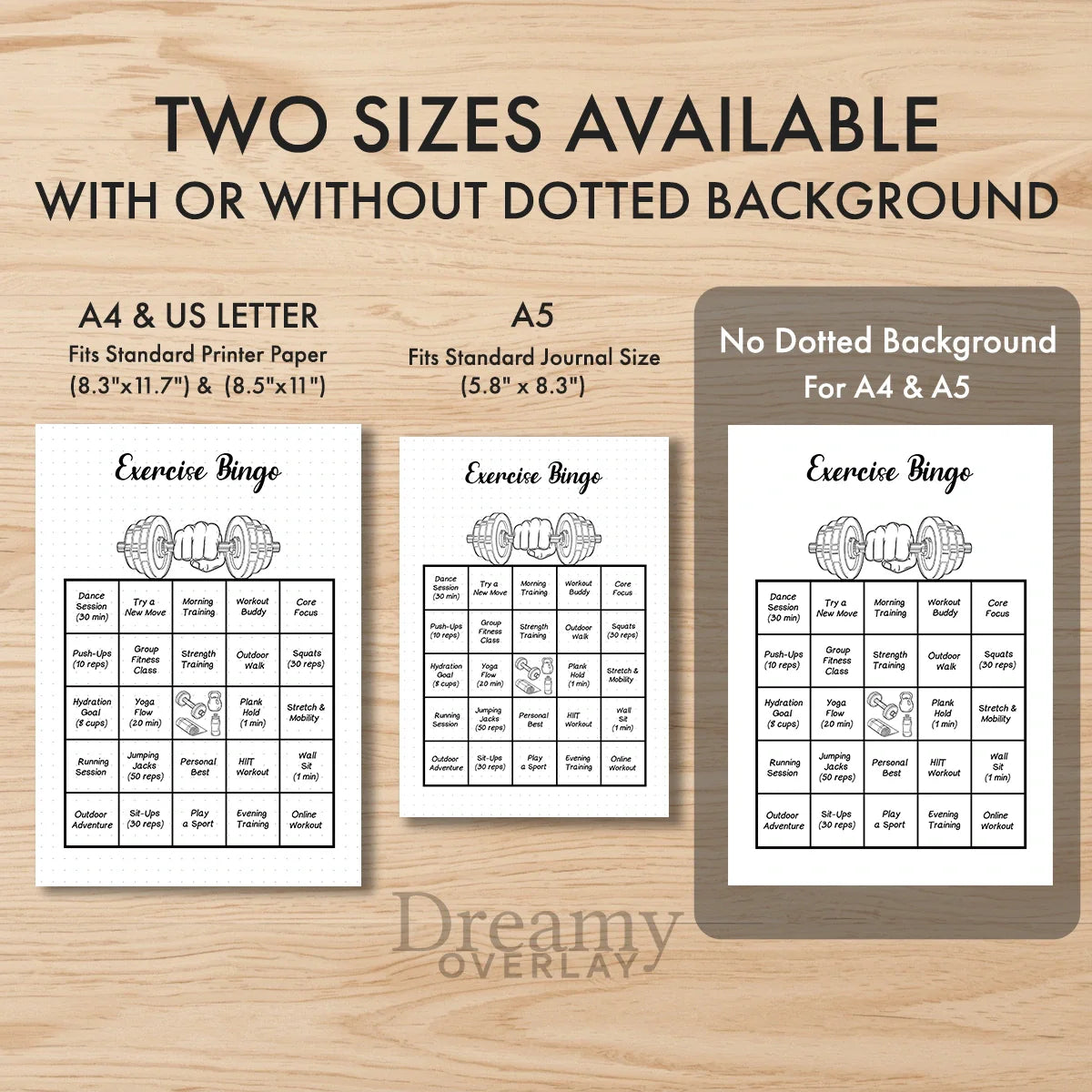 Printable exercise bingo game tracker monthly printable journal page in A4, A5 and US Letter size