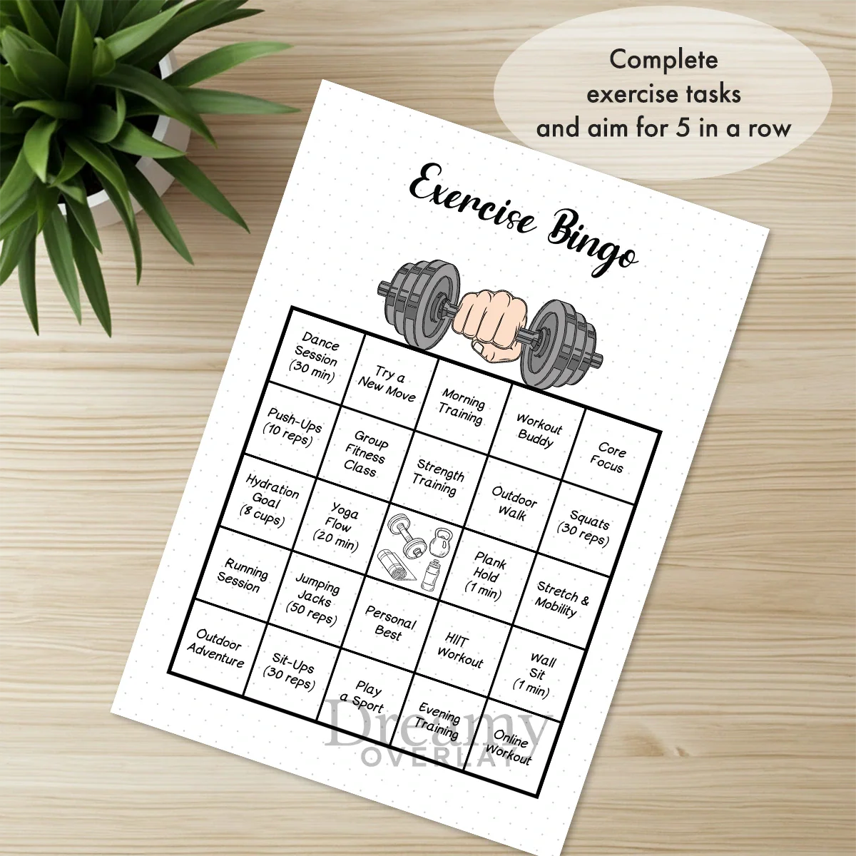 Printable exercise bingo game tracker monthly printable journal page in A4, A5 and US Letter size