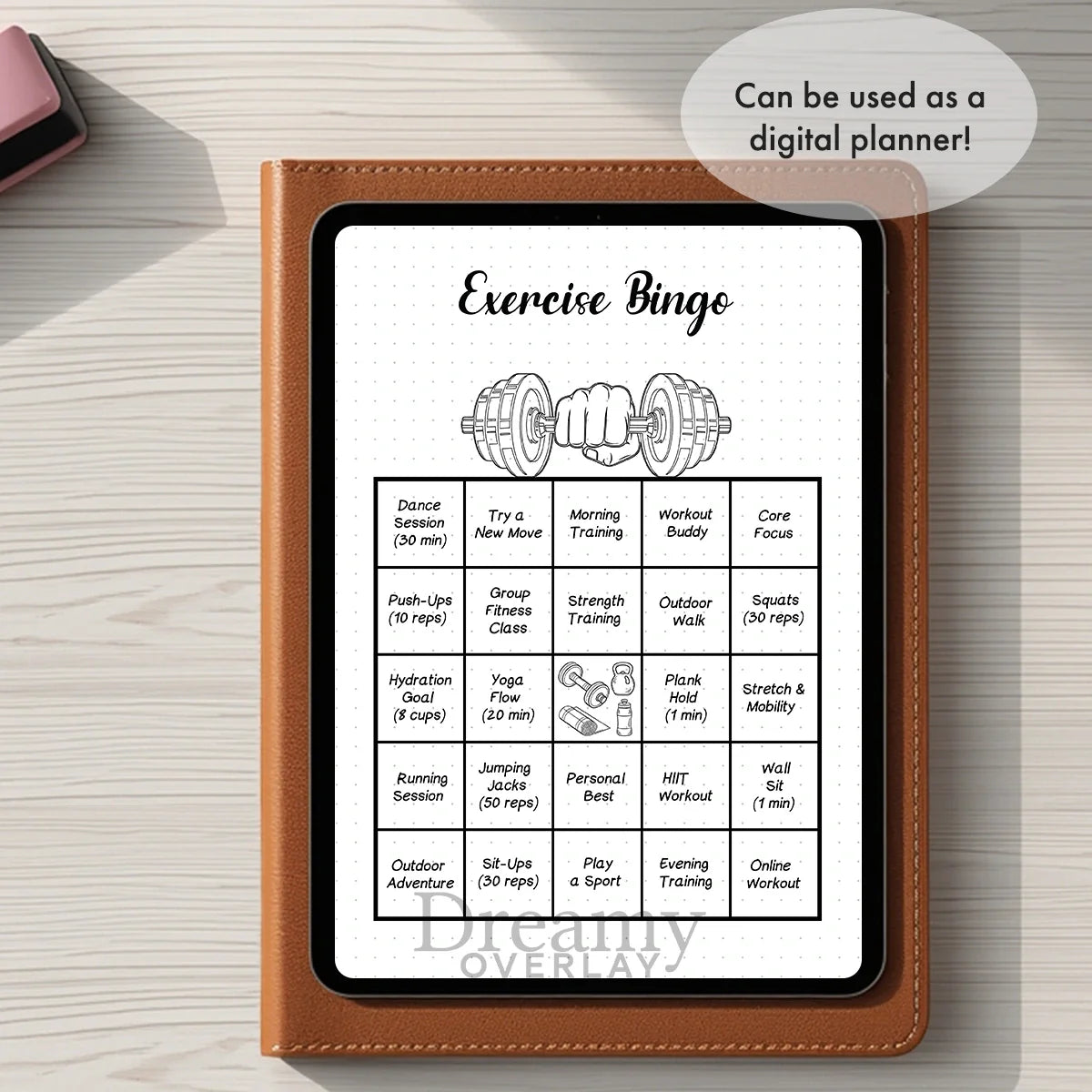 Printable exercise bingo game tracker monthly printable journal page in A4, A5 and US Letter size