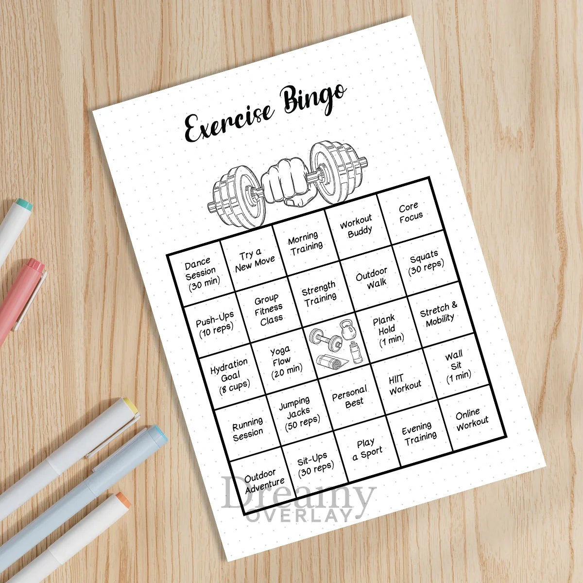 Printable exercise bingo game tracker monthly printable journal page in A4, A5 and US Letter size